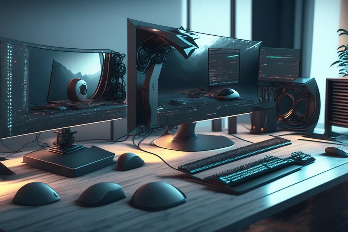 рабочий стол в стиле техно с компьютером клавиатурой монитором принтером и мышкой Kandinsky 2.1 2