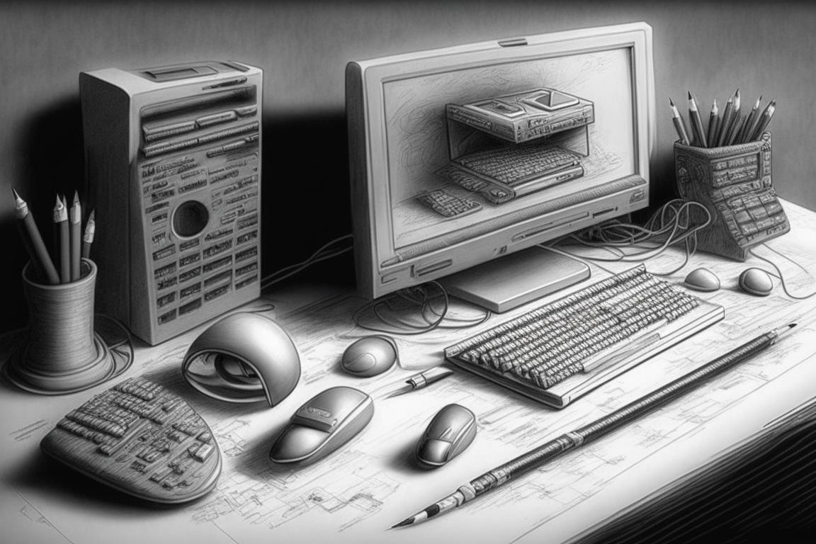 рабочий стол в стиле техно с компьютером клавиатурой монитором принтером и мышкой Kandinsky 2.1 3